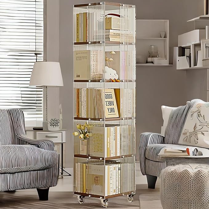 5-Tier Acrylic Book Shelf with Wheels, Mobile Tall Bookcase, Modern Unique Bookshelf Tower, Visible Display Shelf, 360° Rotating Bookshelf Organizer for Home Office Living Room, Walnut - LeafyLoom