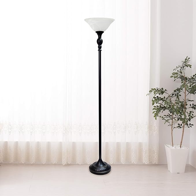 Elegant Designs LF2001-RBW 1 Light Torchiere Floor Lamp with Marbelized White Glass Shade, Restoration Bronze and White - LeafyLoom