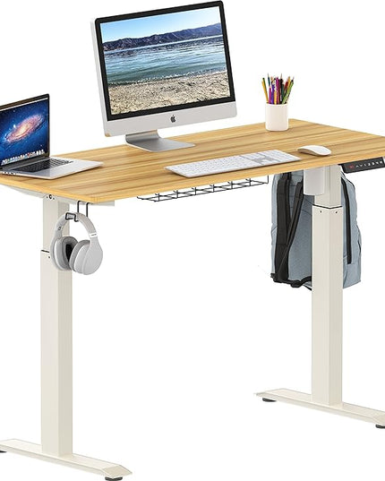 SHW Electric Height Adjustable Standing Desk with Hanging Hooks and Cable Management, 48 x 24 Inches, Oak - LeafyLoom