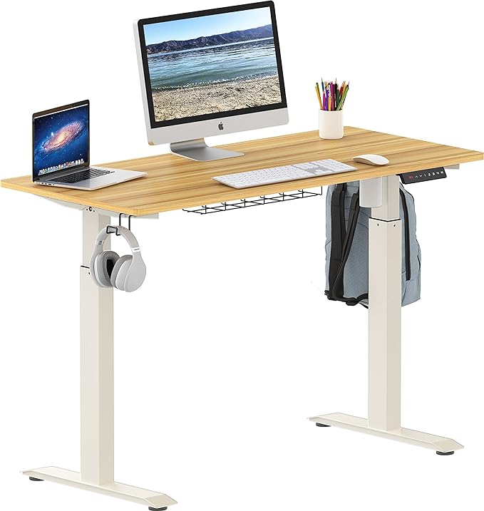 SHW Electric Height Adjustable Standing Desk with Hanging Hooks and Cable Management, 48 x 24 Inches, Oak - LeafyLoom