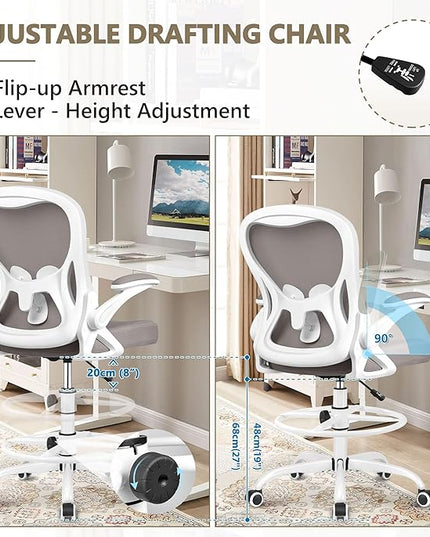 Drafting Chair, Tall Office Chair Ergonomic Standing Desk chair, Lumbar Support Computer Chair Swivel Task Rolling Chair with Adjustable Flip-up Armrests & Foot Ring (Gray) - LeafyLoom