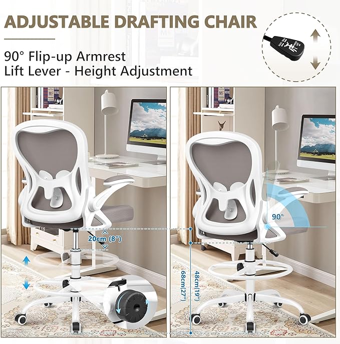 Drafting Chair, Tall Office Chair Ergonomic Standing Desk chair, Lumbar Support Computer Chair Swivel Task Rolling Chair with Adjustable Flip-up Armrests & Foot Ring (Gray) - LeafyLoom