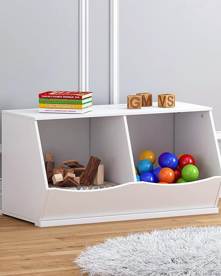 UTEX Toy Storage Organizer,Stackable Kids Toy Storage Cubby with 2 Bins,Toy Boxes and Storage for Playroom,Bedroom,Nursery School,White - LeafyLoom