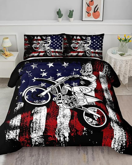 Axolotl Dirt Bike Comforter Set Queen,American Flag Bedding Set,Motocross Comforter Set,White Red Stripes Stars Comforter Set,Motorcycle Racer Comforter for Boys Kids Teens Men,1 Quilt 2 Pillowcases - LeafyLoom