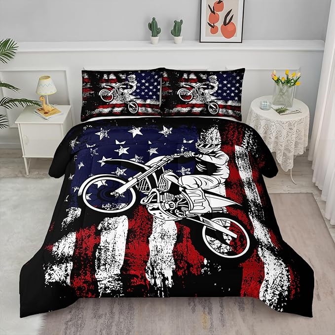 Axolotl Dirt Bike Comforter Set Queen,American Flag Bedding Set,Motocross Comforter Set,White Red Stripes Stars Comforter Set,Motorcycle Racer Comforter for Boys Kids Teens Men,1 Quilt 2 Pillowcases - LeafyLoom