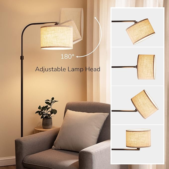 EDISHINE Modern Black Arched Floor Lamp, Metal Standing Arc Lamp with Foot Switch, Corner Reading Light with Hanging Lampshade for Living Room, Bedroom, Home Office, Study Room, Reading Corner - LeafyLoom