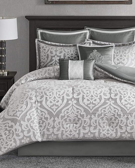 Madison Park Odette Cozy Comforter Set Jacquard Damask Medallion Design - Modern All Season, Down Alternative Bedding, Shams, Decorative Pillows, Cal King(104 in x 92 in), Silver 8 Piece - LeafyLoom