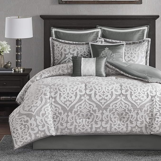 Madison Park Odette Cozy Comforter Set Jacquard Damask Medallion Design - Modern All Season, Down Alternative Bedding, Shams, Decorative Pillows, Cal King(104 in x 92 in), Silver 8 Piece - LeafyLoom