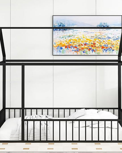 RITSU Full Size Montessori Floor Bed, Metal House Bedframe with Fence, Robust Construction is Used, for Children'S Rooms, Boys Girls, No Box Spring Needed, Easy Assembly, Black - LeafyLoom