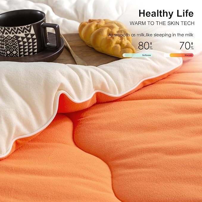 COTTEBED Warm Reversible Ultra-Soft Burnt Orange and Beige Comforter Set Queen, Breathable Fluffy Bedding Down Comforters Sets &2 Pillowshams for Women Girls Winter, Full/Queen Size Bed - LeafyLoom