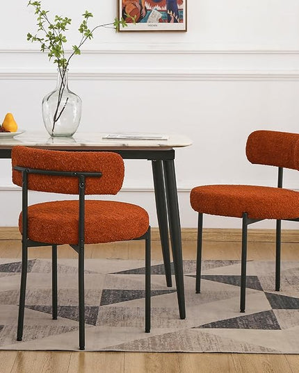 EDWELL Orange Dining Chairs Set of 4, Mid-Century Modern Dining Room Chairs with Thick Cushion, Round Upholstered Boucle Chairs for Kitchen, Living Room, Armless Kitchen Chairs with Black Metal Legs - LeafyLoom