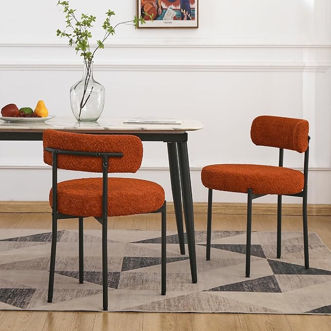 EDWELL Orange Dining Chairs Set of 4, Mid-Century Modern Dining Room Chairs with Thick Cushion, Round Upholstered Boucle Chairs for Kitchen, Living Room, Armless Kitchen Chairs with Black Metal Legs - LeafyLoom