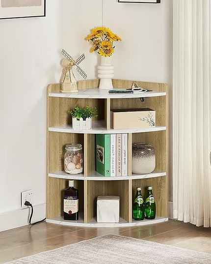Vecelo Corner Cabinet with Charging Station, 3-Tier Cube Storage Organizer with USB Ports and Outlets, Triangle Bookcases Corner Shelf with 8 Cubbies for Playroom, Bedroom, Living Room, Marble White - LeafyLoom