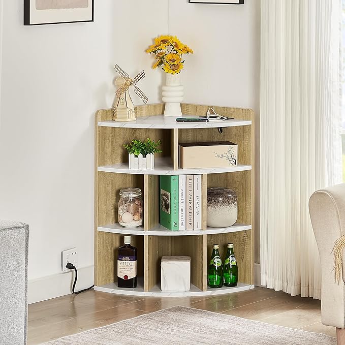 Vecelo Corner Cabinet with Charging Station, 3-Tier Cube Storage Organizer with USB Ports and Outlets, Triangle Bookcases Corner Shelf with 8 Cubbies for Playroom, Bedroom, Living Room, Marble White - LeafyLoom