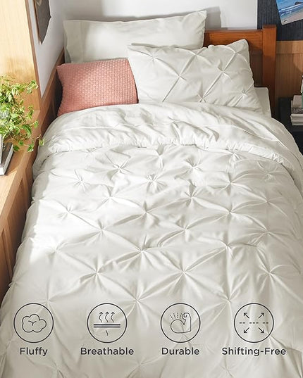 Bedsure Twin XL Comforter Set - Extra Long 5 Pieces Dorm Bedding Sets, Pinch Pleat Ivory Bed in a Bag with Comforter, Sheets, Pillowcase & Sham - LeafyLoom