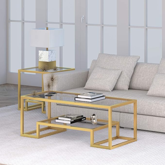 Henn&Hart 45" Wide Rectangular Coffee Table in Brass, Modern coffee tables for living room, studio apartment essentials - LeafyLoom