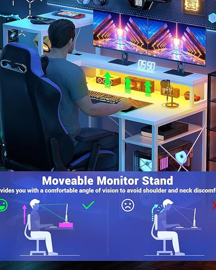 Cyclysio Gaming Desk with LED Light, 47 inch Computer Desk with Storage Shelves, Adjustable Home Office Desk with Power Outlets, Computer Gaming Desk with Long Monitor Stand for Small Space, White - LeafyLoom