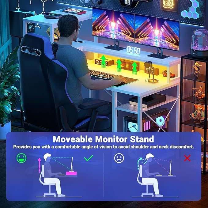 Cyclysio Gaming Desk with LED Light, 47 inch Computer Desk with Storage Shelves, Adjustable Home Office Desk with Power Outlets, Computer Gaming Desk with Long Monitor Stand for Small Space, White - LeafyLoom