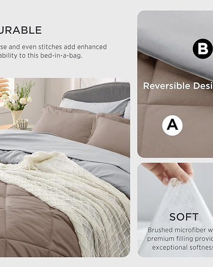 Bedsure Taupe California King Size Comforter Set - 7 Pieces Reversible California King Bed in a Bag King Bed Set with Comforters, Sheets, Pillowcases & Shams, California King Bedding Sets - LeafyLoom