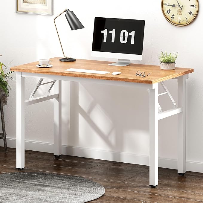 Need 39.4 inches Computer Desk for Small Space Small Folding Table Small Writing Desk Compact Desk Foldable Desk with BIFMA Certification, No Install Needed, Teak and White - LeafyLoom