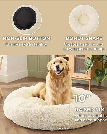Bedsure Calming Dog Bed for Extra Large Dogs - Donut Washable Large Pet Bed, Anti-Slip Round Fluffy Plush Faux Fur Dog Bed, Fits up to 125 lbs Pets, Oat Milk, 45 inches BEDSURE