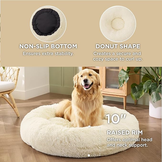 Bedsure Calming Dog Bed for Extra Large Dogs - Donut Washable Large Pet Bed, Anti-Slip Round Fluffy Plush Faux Fur Dog Bed, Fits up to 125 lbs Pets, Oat Milk, 45 inches BEDSURE