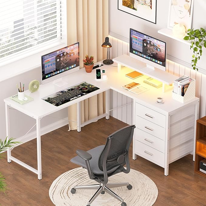 Homieasy L Shaped Desk with Drawers & Power Outlets, Reversible Computer Desk with LED Light and Monitor Stand, 50 Inch Home Office Gaming Work Study Desk with 4 Storage Drawers, White - LeafyLoom