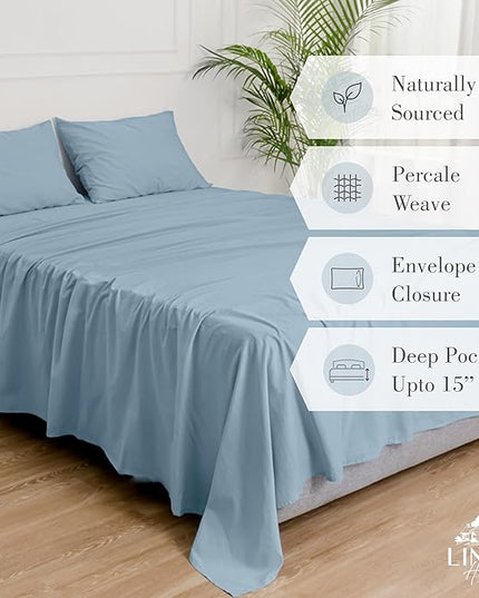 Linen Home Washed Cotton Percale Full Sheet Set, Baby Blue, Deep Pocket, 4 Pieces Bed Sheets - 1 Flat Sheet, 1 Fitted Sheet & 2 Envelope Closure Pillowcases, Vintage Wash, Cool Preshrunk Bedsheet - LeafyLoom