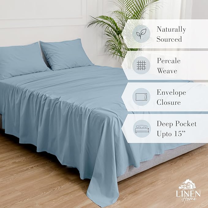 Linen Home Washed Cotton Percale Full Sheet Set, Baby Blue, Deep Pocket, 4 Pieces Bed Sheets - 1 Flat Sheet, 1 Fitted Sheet & 2 Envelope Closure Pillowcases, Vintage Wash, Cool Preshrunk Bedsheet - LeafyLoom