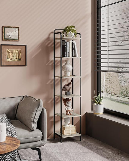 Bookcase Bookshelf, Narrow Book Shelf, Industrial Coner Shelf Storage Organizer, Slim Shelving Unit for Home Office, Living Room, Bedroom, Kitchen, 6-Tier Greige BC24605B - LeafyLoom