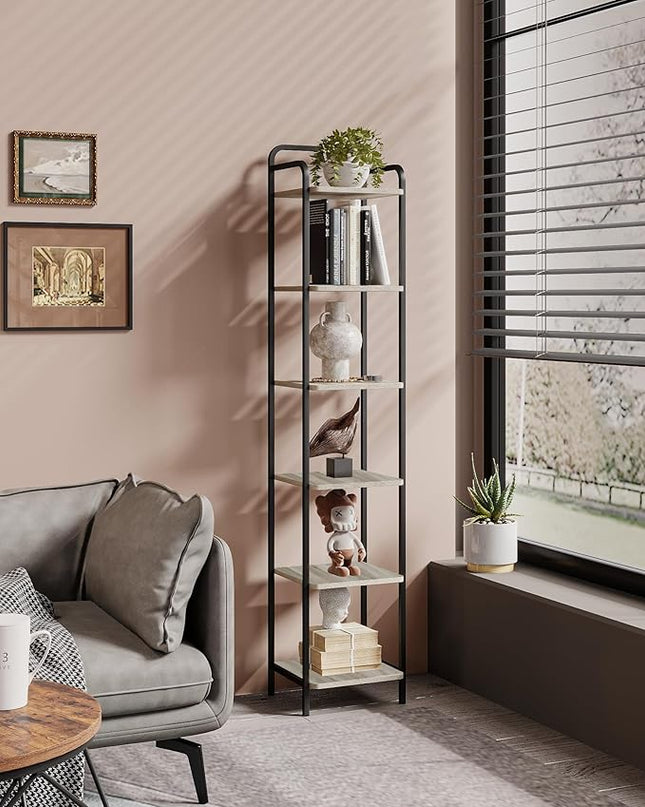 Bookcase Bookshelf, Narrow Book Shelf, Industrial Coner Shelf Storage Organizer, Slim Shelving Unit for Home Office, Living Room, Bedroom, Kitchen, 6-Tier Greige BC24605B - LeafyLoom
