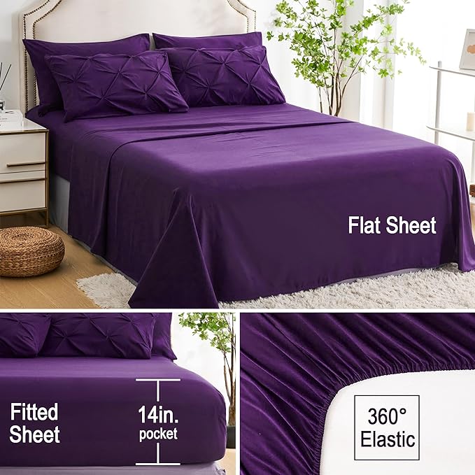 Ubauba 5pc Twin Size Comforter Set with Sheets, Purple Pintuck 5 Piece Bed in a Bag with Comforter, All Season Pinched Bedding Comforters & Sets (Purple,Twin) - LeafyLoom