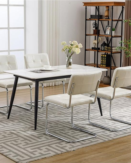 Forevich Mid Century Modern Dining Chairs Set of 4, Leather Kitchen Dining Room Side Chairs Upholstered Armless Accent Chairs with Metal Chrome Legs for Living Room, Bedroom White - LeafyLoom