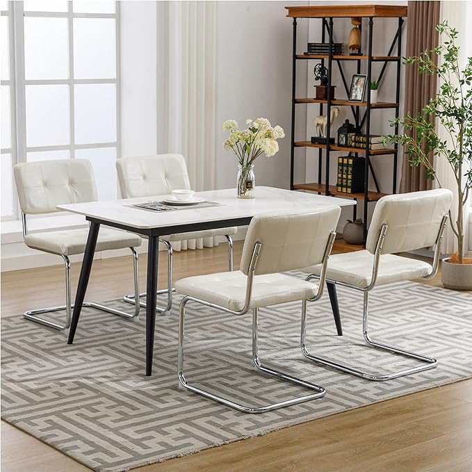 Forevich Mid Century Modern Dining Chairs Set of 4, Leather Kitchen Dining Room Side Chairs Upholstered Armless Accent Chairs with Metal Chrome Legs for Living Room, Bedroom White - LeafyLoom