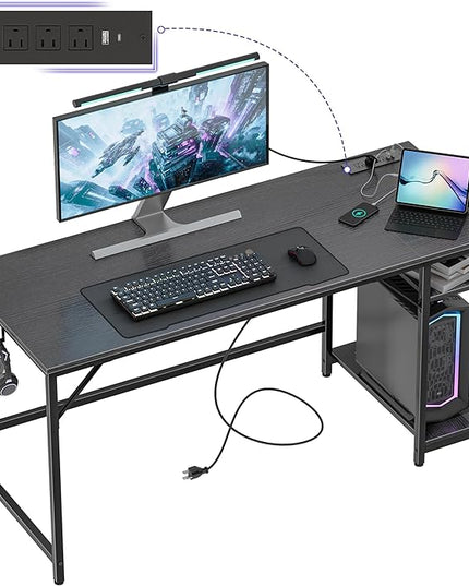 Computer Desk, 60 inches desk with 2 Shelves, Home Office Desk with USB/Type-C Charging Ports & Power Outlets, Study Table for Adults, Black - LeafyLoom