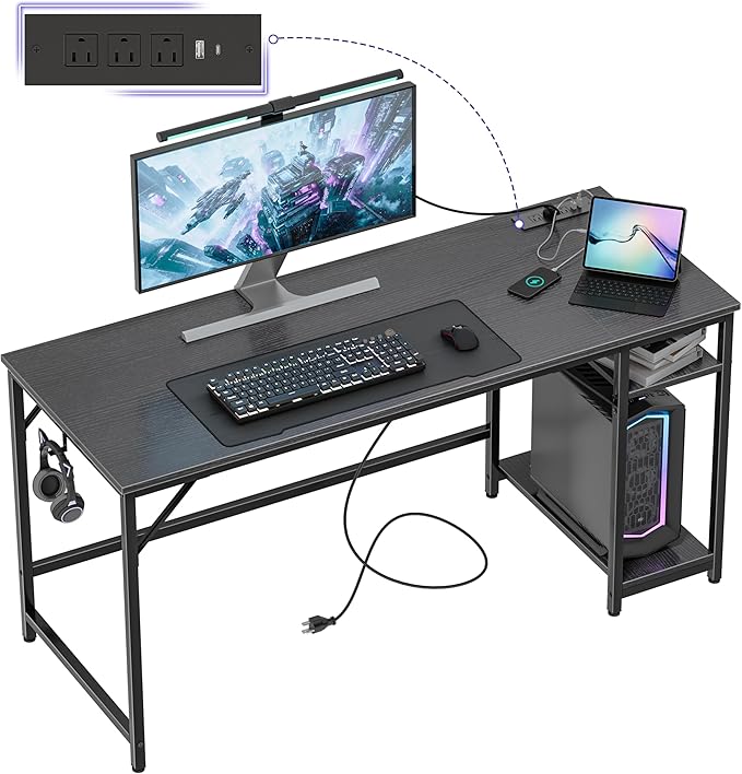 Computer Desk, 60 inches desk with 2 Shelves, Home Office Desk with USB/Type-C Charging Ports & Power Outlets, Study Table for Adults, Black - LeafyLoom