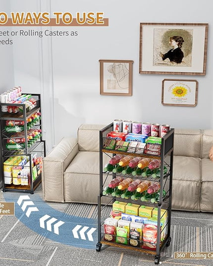 4-Tier Rolling Storage Cart Organizer with 2 Mesh Sliding Trays, Can,Drink,Snack Organizer Shelves, Retro Utility Cart on Lockable Wheels for Kitchen,Bathroom,Study,Pantry - LeafyLoom