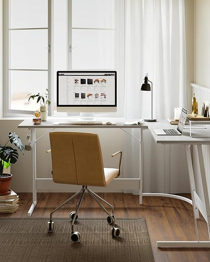 BANTI L Shaped Gaming Desk Computer Office Desk, 59 inch Corner Desk with Large Monitor Stand for Home Office Study Writing Workstation, White - LeafyLoom