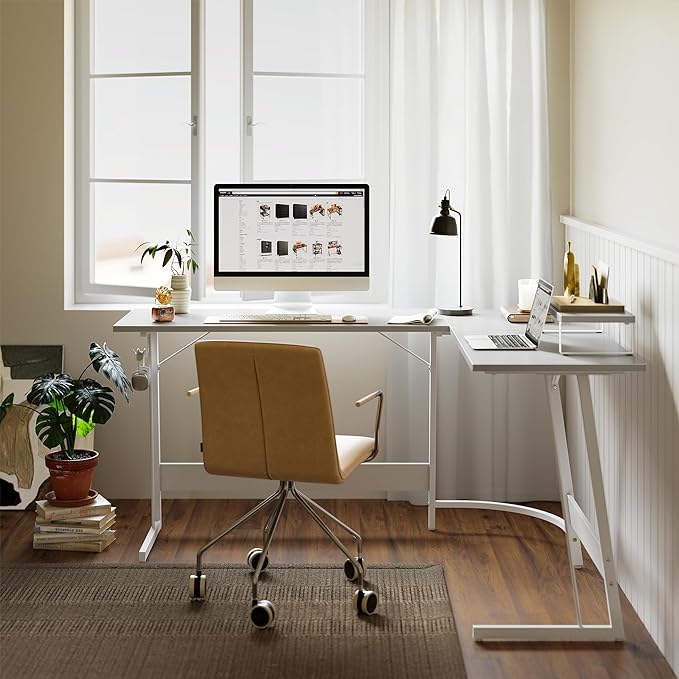 BANTI L Shaped Gaming Desk Computer Office Desk, 59 inch Corner Desk with Large Monitor Stand for Home Office Study Writing Workstation, White - LeafyLoom
