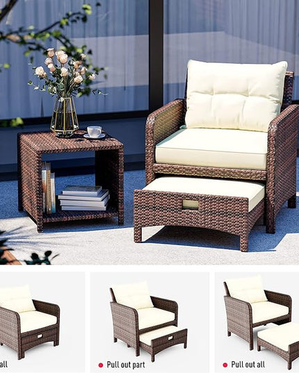Pamapic 5 Pieces Outdoor Patio Wicker Chairs Set with Ottoman, Outside Conversation Furniture Set with Cushions and Coffee Table for Balcony Porch Lawn Garden (Cream Cushion+ Umber Rattan) - LeafyLoom