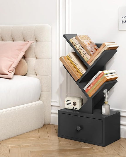 4 Tier Tree Bookshelf with Drawer, Small Tree Bookcase, Modern Table Top Book Shelf Organizer Shelves for Living Room, Bedroom, Home Office, Black - LeafyLoom