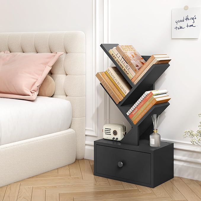 4 Tier Tree Bookshelf with Drawer, Small Tree Bookcase, Modern Table Top Book Shelf Organizer Shelves for Living Room, Bedroom, Home Office, Black - LeafyLoom