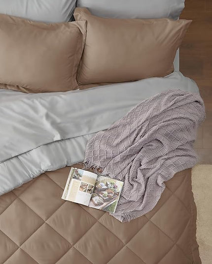 Bedsure Brown Twin Comforter Set - 5 Pieces Reversible Twin Bed in a Bag, Extra Long Twin Bed Set Brown and Grey with Comforters, Sheets, Pillowcase & Sham - LeafyLoom