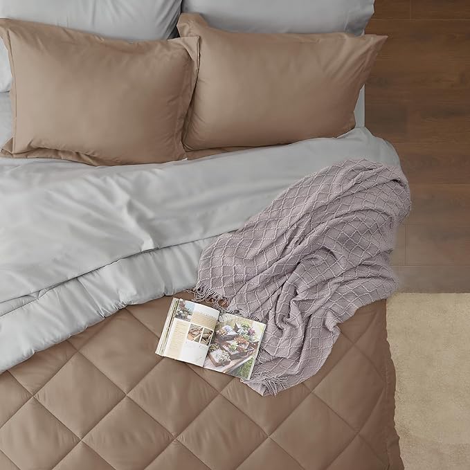 Bedsure Brown Twin Comforter Set - 5 Pieces Reversible Twin Bed in a Bag, Extra Long Twin Bed Set Brown and Grey with Comforters, Sheets, Pillowcase & Sham - LeafyLoom