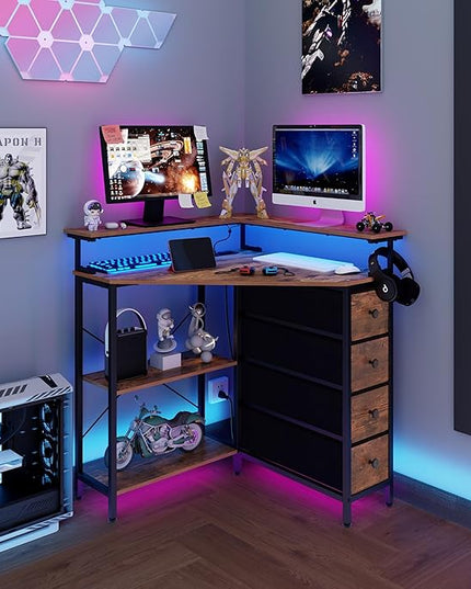 Corner Desk with Drawers Shelves for Small Space 90 Degrees Triangle Computer Desk with Power Outlets,Gaming Desk with LED Lights Monitor Stand for Home Office Workstation Writing Table (Brown) - LeafyLoom