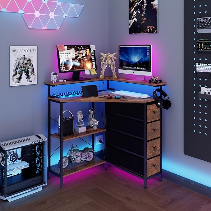 Corner Desk with Drawers Shelves for Small Space 90 Degrees Triangle Computer Desk with Power Outlets,Gaming Desk with LED Lights Monitor Stand for Home Office Workstation Writing Table (Brown) - LeafyLoom