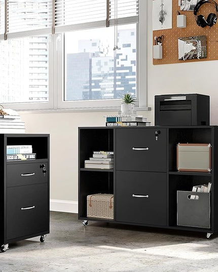 Yaheetech Black File Cabinet Large Mobile Storage Lateral Filing Cabinet with 2 Drawer and 4 Open Compartments,for Letter Size A4 Size, Printer Stand for Home Office, Black - LeafyLoom