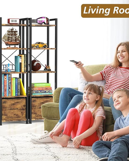Narrow-Bookshelf-With-Storage-Drawer, 5-Tier Small Standing Book Shelf Organizer For Small Space, Tall Thin Bookcase Shelf For Bedroom Living Room Office, Wooden Shelving Unit Rack For Display - LeafyLoom