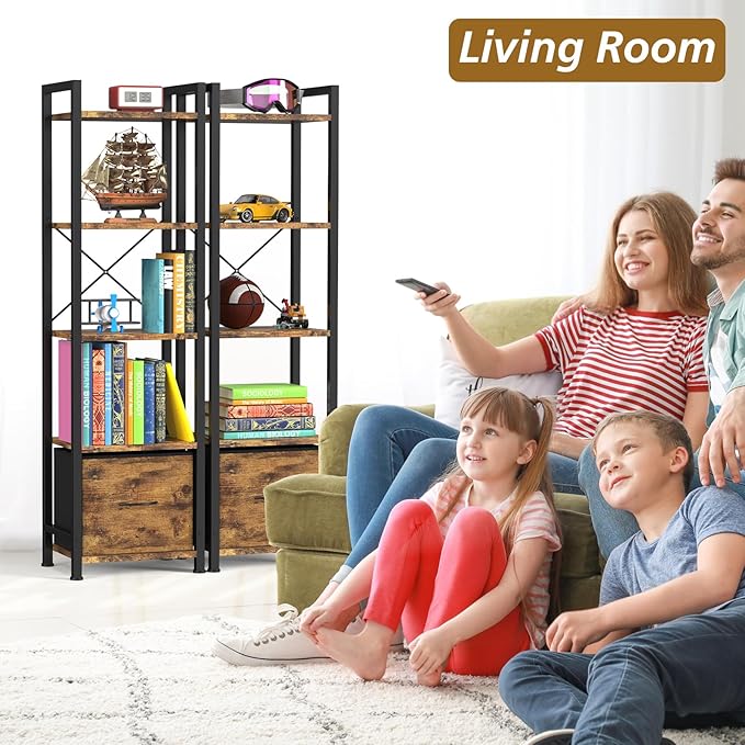 Narrow-Bookshelf-With-Storage-Drawer, 5-Tier Small Standing Book Shelf Organizer For Small Space, Tall Thin Bookcase Shelf For Bedroom Living Room Office, Wooden Shelving Unit Rack For Display - LeafyLoom