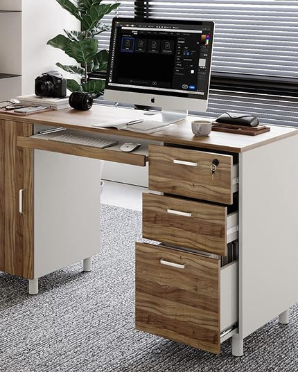 Modern Design By Crafts & comfort Venice Computer Desk - Office Desk with 3 Drawers & CPU Storage Cabinet - Laptop Workstation with Keyboard Tray & Cable Hole - Home & Office Supplies -Cass/White - LeafyLoom